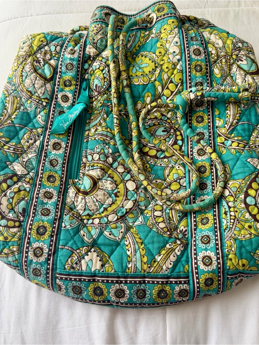 Vera Bradley Teal and Yellow Quilted Paisley Backpack Tote